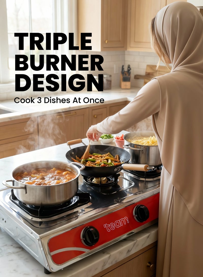 Team Triple Burner Gas Stove – Stainless Steel Top, Cast Iron Pan Supports, Automatic Ignition, Whirlwind Flame Design, Double Jet System – Table Top Gas Cooker - Image 2